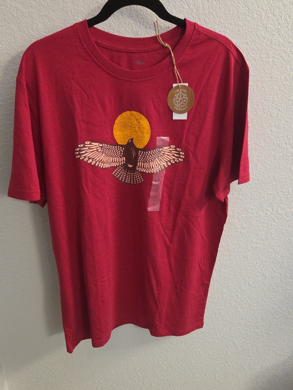 dip Red Short Sleeve Tee with Gold Sun and Black Bird Graphic